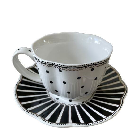 GRACE TEAWARE Black & White Striped Polka Dots Teacup and Saucer Set of 2 New - Picture 10 of 16